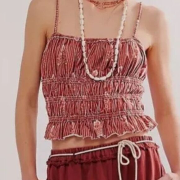We The Free | Free People "Dolce Vita" Smocked Tank Top Brown Red | Size Small - Picture 1 of 12